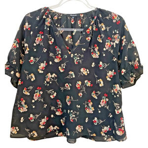 Madewell Women's 100% Silk Floral V Neck Top Short Sleeve w Ruffle Edge Sz XS